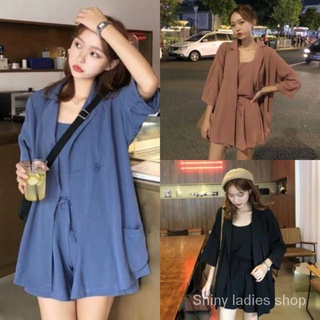 🔥พร้อมส่ง🔥ชุดเซทSet3ชิ้นสุดคุ้ม มีถึง4XL สูท+สายเดี่ยว+ขาสั้น ชุดเซตสไตล์เกาหลี ทรงใหญ่โอเว่อไซส์ Oversize ไหล่ตก SC3754