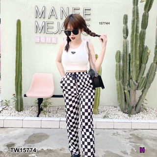 TW15774 Set 2 ชิ้น เสื้อกล้ามทรงครอป ผ้าคอตตอน อกปักโลโก้ + กางเกงขายาว ทรงกระบอกเล็ก ผ้าโพลีเอสเตอร์ลายตารางหมากรุก