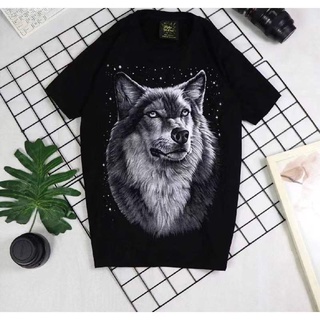 🔥 พร้อมส่ง 🔥ใหม่เสื้อยืดผู้ชายแขนสั้นคอกลม - หัวหมาป่าพิมพ์ลายผ้า Cotton 100%