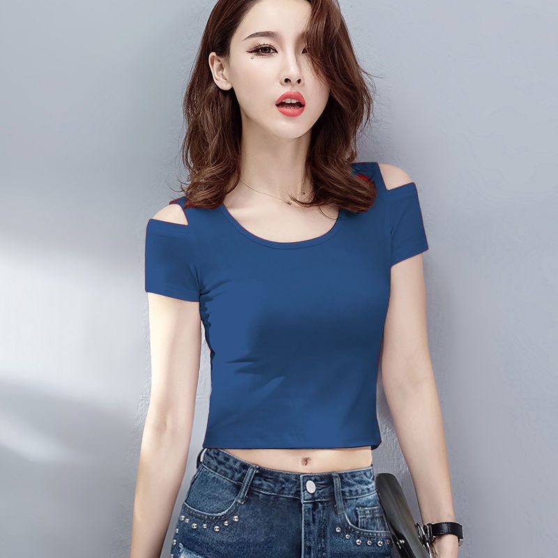 ✕✵☃Navel แขนสั้นหญิง 2021 ฤดูร้อนใหม่นักเรียนเกาหลีรุ่น Slim เสื้อยืดสีขาวผ้าฝ้ายที่ไม่มีสายหนังเอวสูง Crop TOP