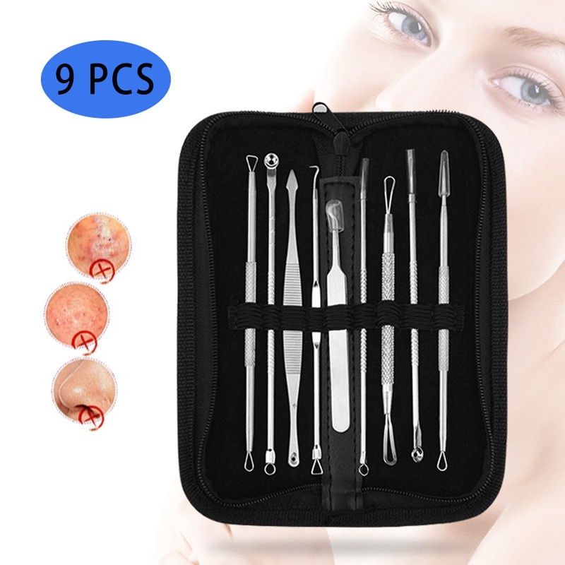 9ชิ้น ที่กดสิว อุปกรณ์กดสิว กำจัดสิวเสี้ยน ที่กดสิวเสี้ยน สแตนเลส 9pcs Acne tool