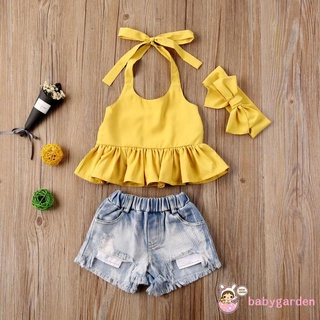 Babygarden-1-6 ปี ชุดเสื้อแขนกุด สีเหลือง + กางเกงยีนขาสั้น + ที่คาดผมสีเหลือง สําหรับเด็กผู้หญิง