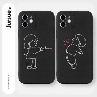 JURSUE เคส เคสคู่ เคสไอโฟน คู่รัก สีดำ ขอบเหลี่ยมกันกระแทกซิลิโคนนุ่มลายการ์ตูนน่ารักตลก เคสโทรศัพท์ Compatible for iPhone 13 12 11 Pro Max SE 2020 X XR XS 8 7 6 6S Plus xsmax 6splus 7plus 8plus พลัส สีดำ Y1575