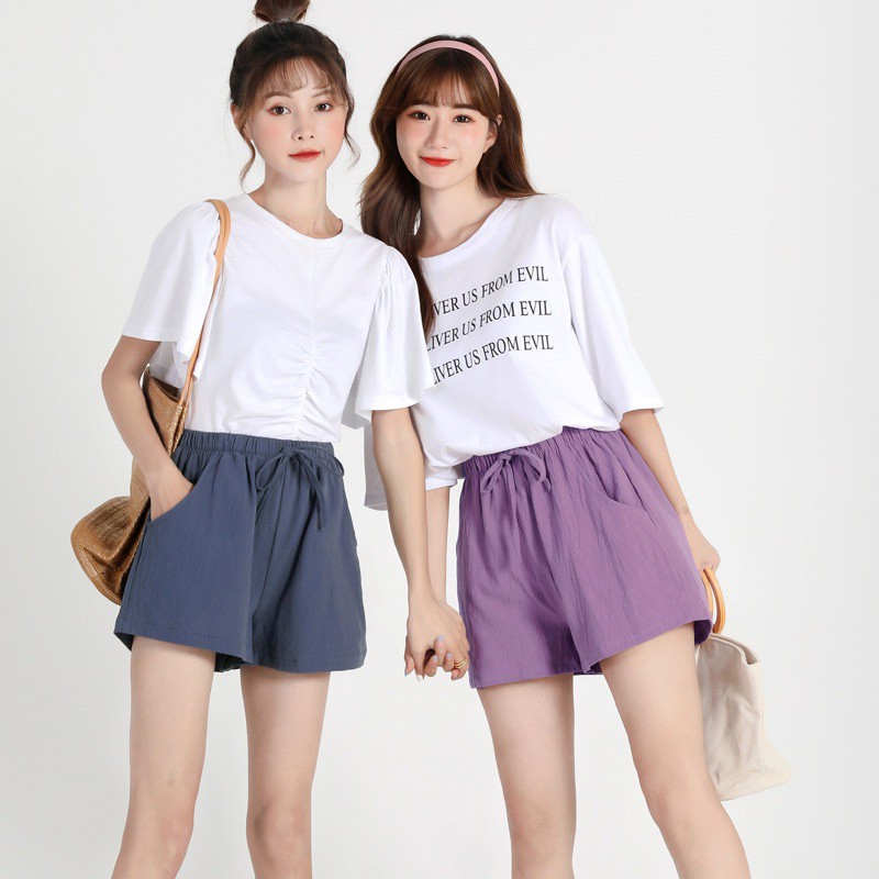 Janylucy 🐰 กางเกงขาสั้นผ้าฝ้าย กางเกงวินเทจ S-XL เอวยางยืด มีเชือกรัด 🌈