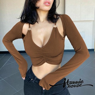 Hannie-Women´s Summer Solid Color Deep V Neck Long Sleeves Crop Tops