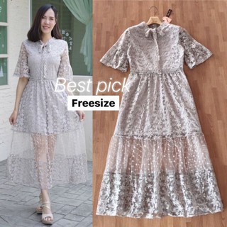 เดรสออกงาน!!! M-L Maxi Dress เดรสสีเทาผ้าปักลูกไม้แขนกระดิ่ง งานป้าย Love Love
