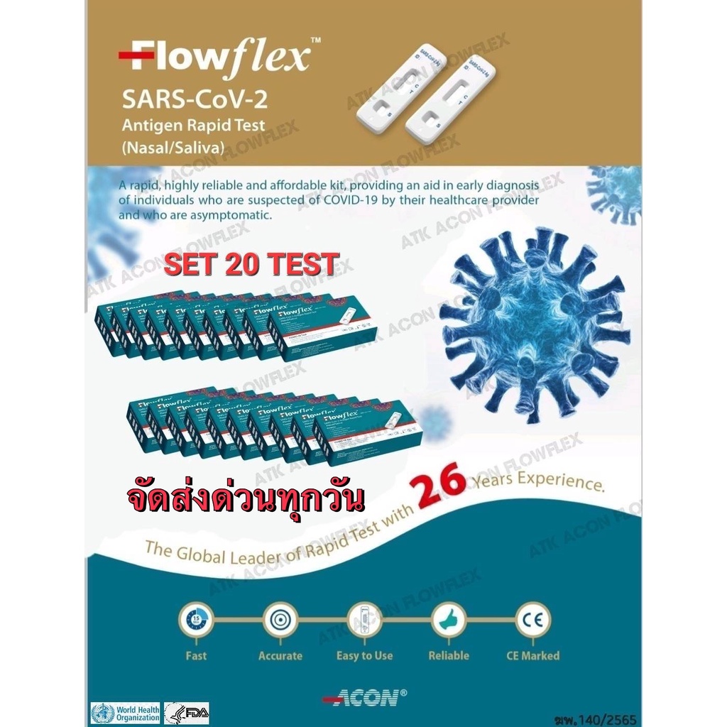 ชุดตรวจโควิด-19 ATK ยี่ห้อ Flowflex ของแท้ ราคาถูก กล่องเขียว 2in1 (จมูก+น้ำลาย) ชุด20กล่อง