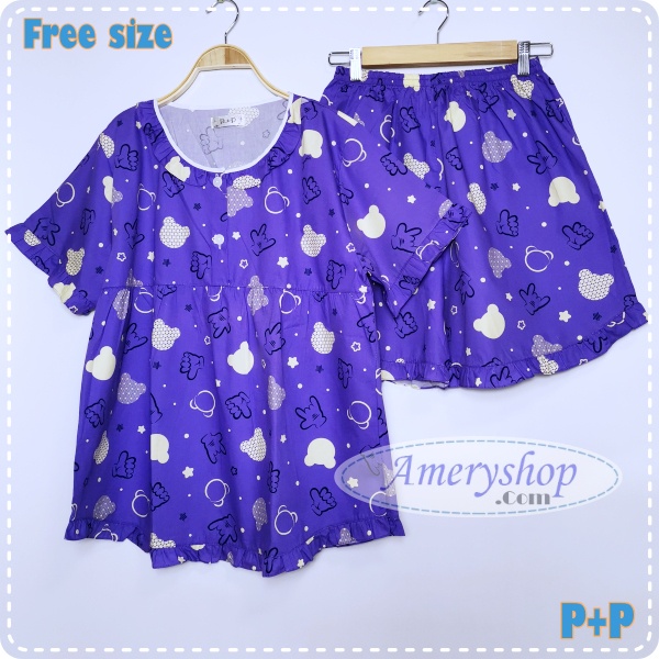 ชุดนอนผู้ใหญ่ (P+P) ฟรีไซส์ คอระบาย แขนสั้น-ขาสั้น ผ้าคอตตอน ลายการ์ตูนน่ารัก
