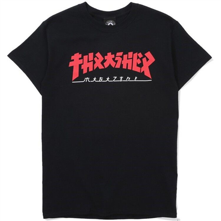 THRASHER เสื้อยืดแขนสั้นพิมพ์ลายเปลวไฟสําหรับผู้ชายและผู้หญิง เสื้อยืดคอกลมผ้าฝ้าย