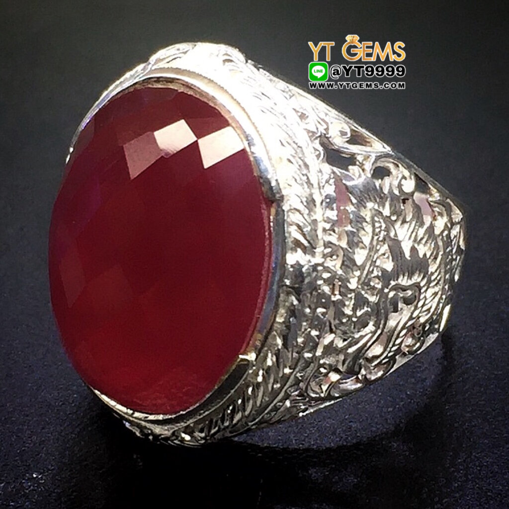 แหวนทับทิม แหวนครุฑ แหวนเงินแท้ 92.5% ข้างลาย พญาครุฑ ประดับ พลอยทับทิมชาตั้ม YTG-9963
