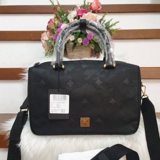 MCM Boston Medium Monogram Logo Satchel Black Leather/Coated Canvas Cross Body Bag  ขนาด 12"Lx 7"W x 8"H