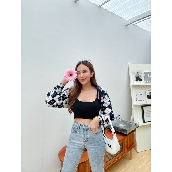 พร้อมส่ง เสื้อไหมพรมใส่สวมเเค่เเขนลายตารางทูโทน - wearable_shop - ThaiPick