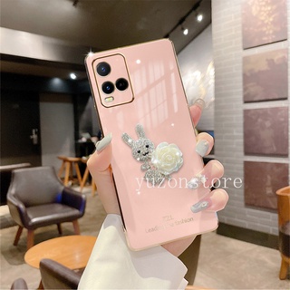 Straight Edge Casing VIVO Y33T Y73 Y21T Y33s Y21s Y21 V23e V23 5G เคสโทรศัพท Soft TPU Phone Case Flowers Rhinestone Rabbit Phone Cover