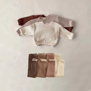 เสื้อเชิ้ตแขนยาว แบบสวมหัว ลายวาฟเฟิล และกางเกงขายาว แต่งลูกไม้ แฟชั่นฤดูใบไม้ร่วง สําหรับเด็ก อายุ 1-3 ปี