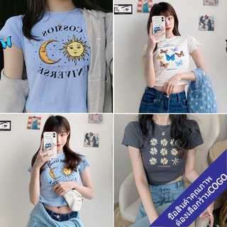 COGO✨พร้อมส่ง💥 เสื้อครอปเอวลอยรัดรูป  เสื้อผ้าแฟชั่นผู้หญิง สไตล์เกาหลี  เสื้อแขนสั้นคอกลมสกรีนลาย สกรีนลาย น่ารัก