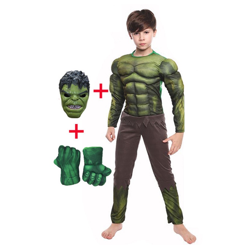 Kids Muscle Hulk ชุดคอสเพลย์เสื้อผ้าพร้อมถุงมือเด็ก ironman Super Hero ฮาโลวีนวันเด็ก