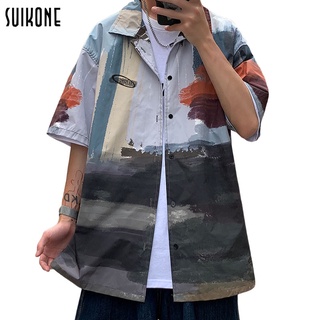 Suikone เสื้อ เสื้อเชิ้ตแขนสั้นผู้ชายแฟชั่นทรงหลวมพิมพ์คู่แขนสั้นปกเสื้อเทรนด์ เสื้อเชิ้ตผู้ชาย