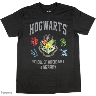 แขนสั้นcrew neckเสื้อยืดคอกลม แขนสั้น ผ้าฝ้าย พิมพ์ลาย Harry Potter Hogwarts Crest สีดํา แฟชั่นฤดูร้อน สําหรับผู้ชายS-XX