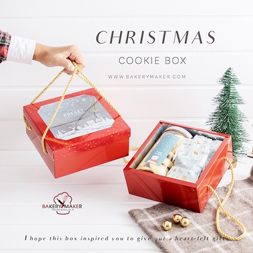 X'mas กล่องสีแดงเงา พร้อมเชือกหิ้ว 5 ใบ / กล่องคุกกี้ คริสต์มาส Christmas กล่องของขวัญ หูหิ้ว