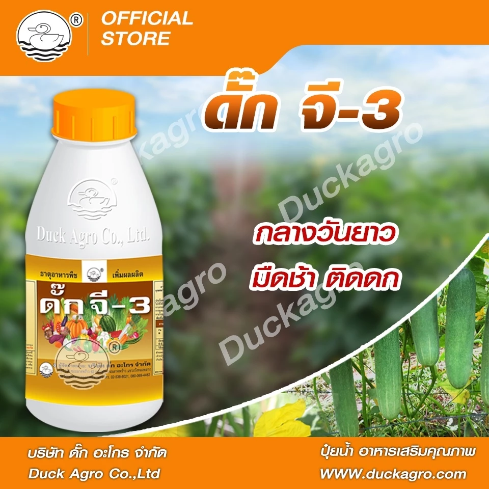 อาหารเสริมพืช ดั๊ก จี-3 ตราเป็ด แปลงเพศดอกแตงกวา จากดอกตัวผู้เป็นตัวเมีย ทำให้ติดผลดกมากขึ้น ขนาดบรรจุ 250/500 cc