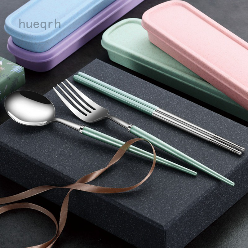 Hueqrh stainless steel portable tableware student travel lunch box three-piece fork spoon chopsticks set