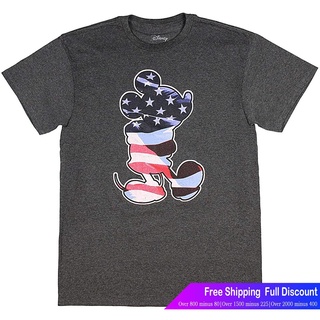 ดิสนีย์ร์ตูนพิมพ์ฤดูร้อน ย์เสื้อยืด Disney Mickey Mouse Cartoon Waving American Flag Silhouette Mens T-Shirt Disney Tea