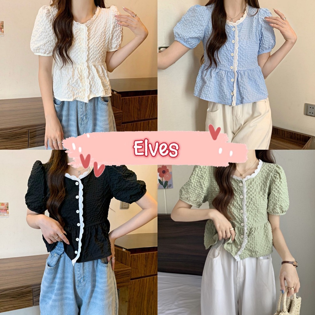 Elves พร้อมส่ง เสื้อไหมพรมแขนสั้น น่ารักสไตล์เกาหลี่มาก ~60109~