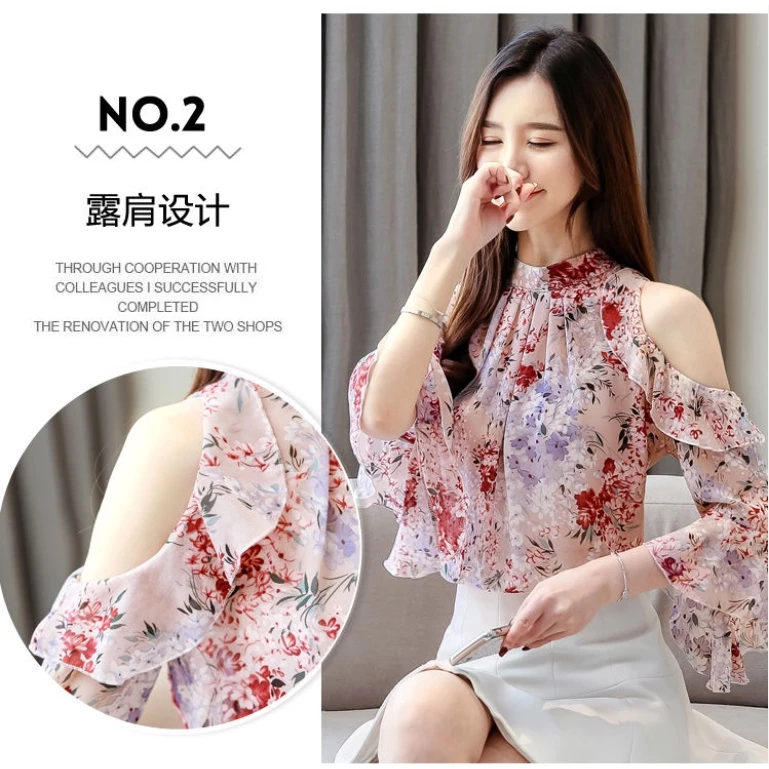 เสื้อเชิ้ตชีฟองลายดอกไม้ผู้หญิง แขนสั้น ทรงหลวม สไตล์เกาหลี thumbnail 8