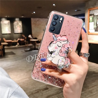 เคสโทรศัพท์ OPPO Reno6 Z 5G / Reno6 5G / Reno5 / Reno5 Pro เคสซิลิโคน Phone Case Cute Cartoon Unicorn Glitter Bling Transparent Case Softcase Full Stars With Water Stand Holder Back Cover เคส OPPO Reno 6Z Casing