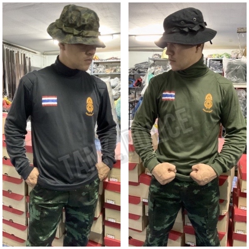 เสื้อยืดแขนยาวคอเต่า บุไหล่ บุศอก สกรีนกองทัพบก สีดำ-สีเขียว