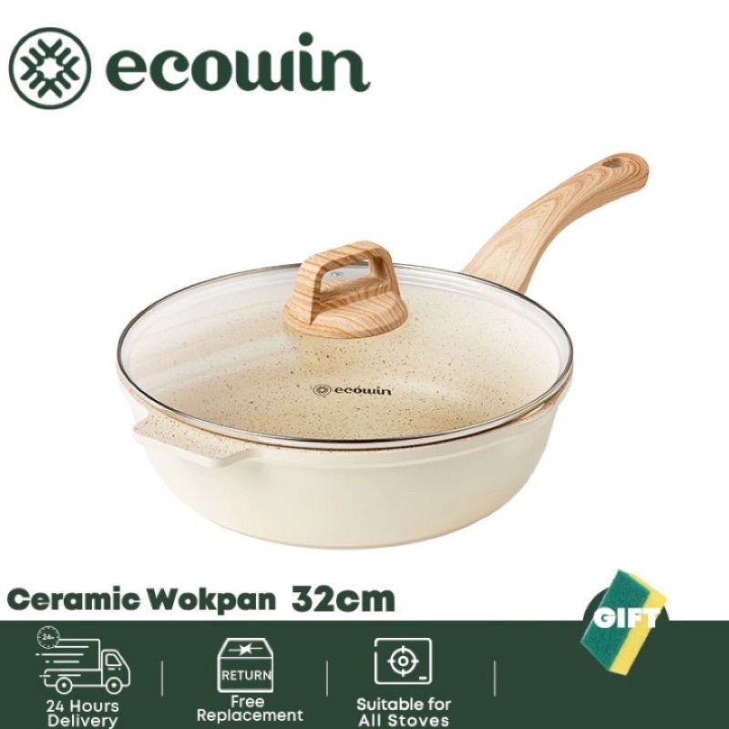 ECOWIN กระทะก้นลึก กระทะหินอ่อน กระทะไม่ติดกระทะ 32 ซม. กระทะสีเบจ เตาแก๊ส เตาแม่เหล็กไฟฟ้า สากล