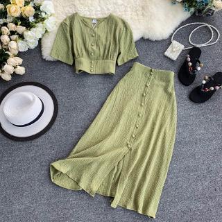 New Fashion Women Outfit 2026 Summer V Neck Single-breasted Crop Tops + A Line Skirts Suits Woman Vintage Two Piece Sets Clothes