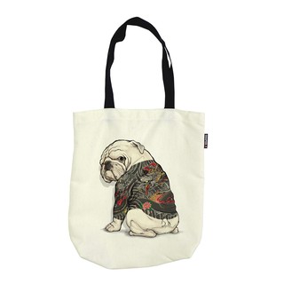 กระเป๋าสะพายข้าง พับเก็บได้ ลดโลกร้อน ลาย หมาสัก ผ้าแคนวาส พกพาง่าย / Bulldog Tattoo Foldable shoulder bag Canvas