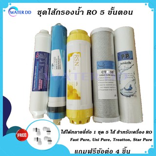 ชุดไส้กรองน้ำระบบ RO 5 ขั้นตอน ไส้ได้หลายยี่ห้อ 1 ชุด 5 ไส้ สำหรับเครื่อง RO Fast Pure, Uni Pure, Treatton, Star Pure