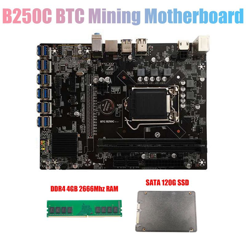 B250C BTC Mining Motherboard with 120G SSD+DDR4 4GB 2666MHZ RAM 12XPCIE to USB3.0 Card Slot LGA1151 for BTC Miner BU0G