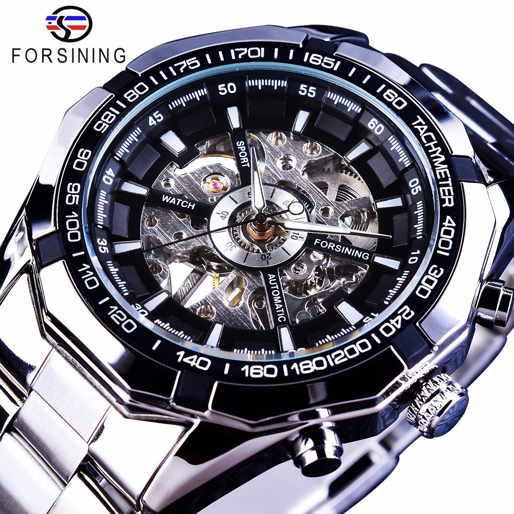 Forsining Stainless Steel Mens Skeleton Mechanical Watch