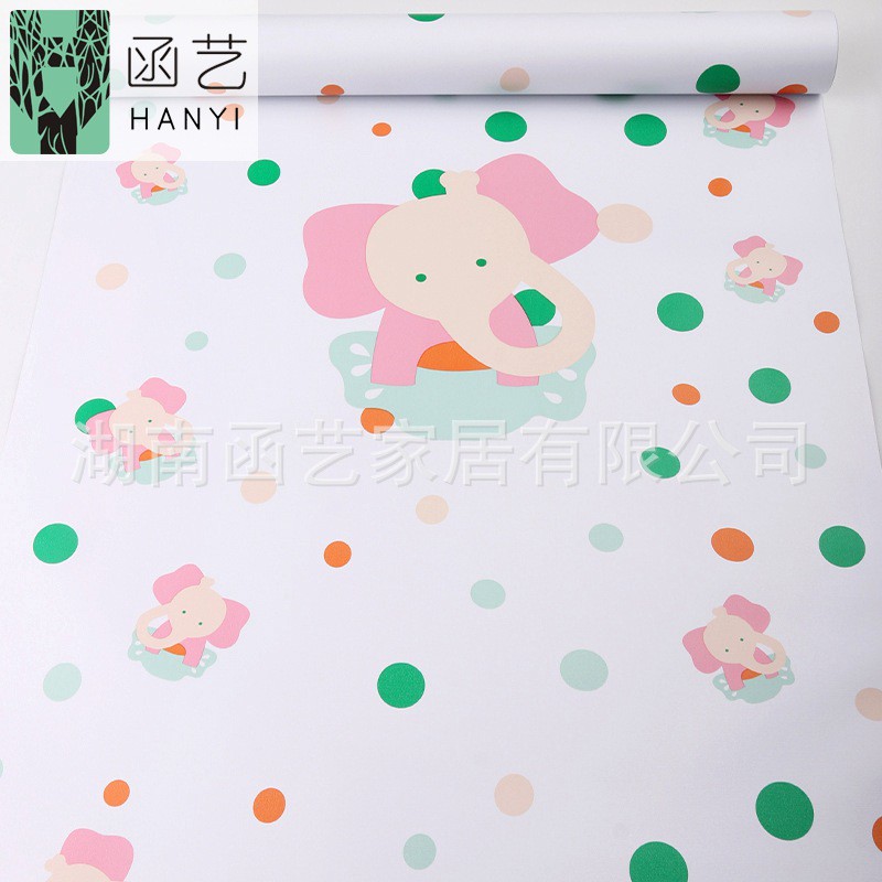 WPP 732 สีชมพู POLKADOT ELEPHANT WALLPAPER สติ๊กเกอร์ติดผนังสไตล์เกาหลีวินเทจ NORDIC CAFE 45CMX5M RO