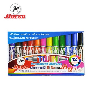 Horse ชุดปากกาเคมี 2 หัว ตราม้า 12 สี Permanent Markers TWIN-PEN