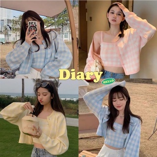 DIARY(7865/ML09)set เสื้อสายเดี่ยวไหมพรม+เสื้อคลุมแขนยาว ดีเทลลายสก็อต สีพาสเทลน่ารัก