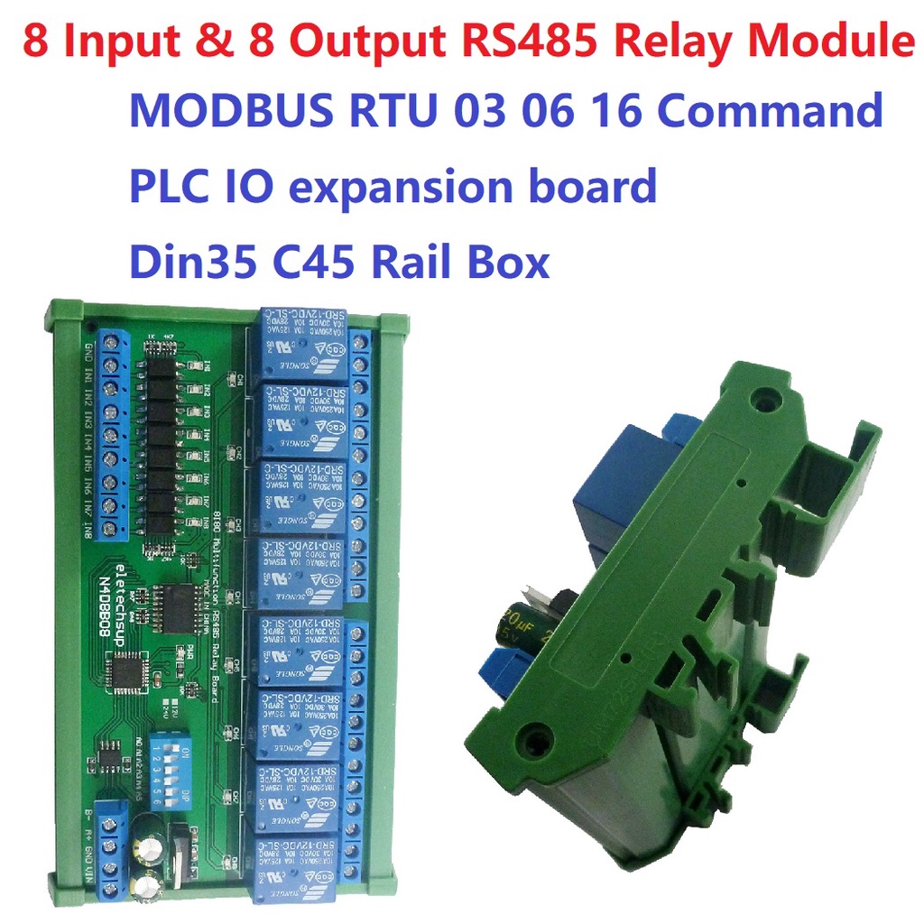 DC 12V 24V 8I8O Multifunction Modbus RTU Relay Module Support 03 06 16 Function Code RS485 Switch Control Board DIN35 Ra
