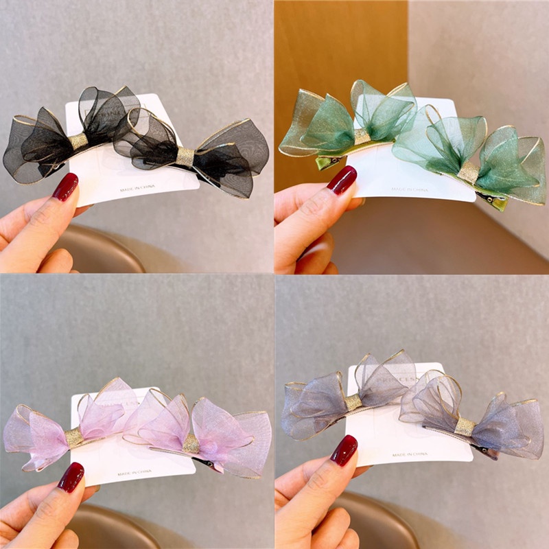 1 คู่ เกาหลี หรูหรา ผ้ากอซ เด็ก สีเขียว / สีม่วง / สีชมพู โบ กิ๊บติดผม สาวหวาน หน้าม้าด้านข้าง กิ๊บอารมณ์ เด็กผู้หญิง ที่คาดผม