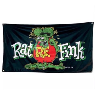 ป้ายbanner flag ป้ายธง RAT FINK ป้ายแบนเนอร์ผ้า พื้นดำ สกรีนลายหนู RAT FINK (AC201)