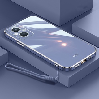 Oppo Reno 8Z reno8Z 5G หรูหรา ขอบสี่เหลี่ยม ชุบ ด้านหลัง TPU เคสนิ่ม พร้อมสายคล้อง เคสมันวาว