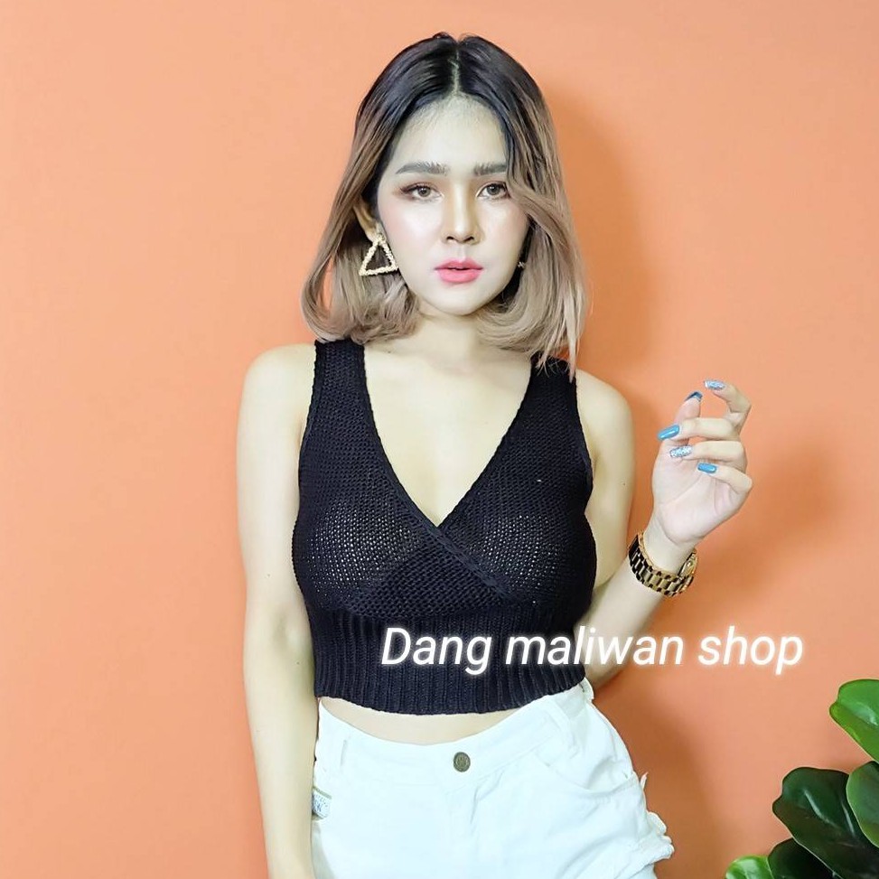 เสื้อไหมพรมถักสายเดียวเสื้อตรอปเอวลกฎอยไข่วหน้า