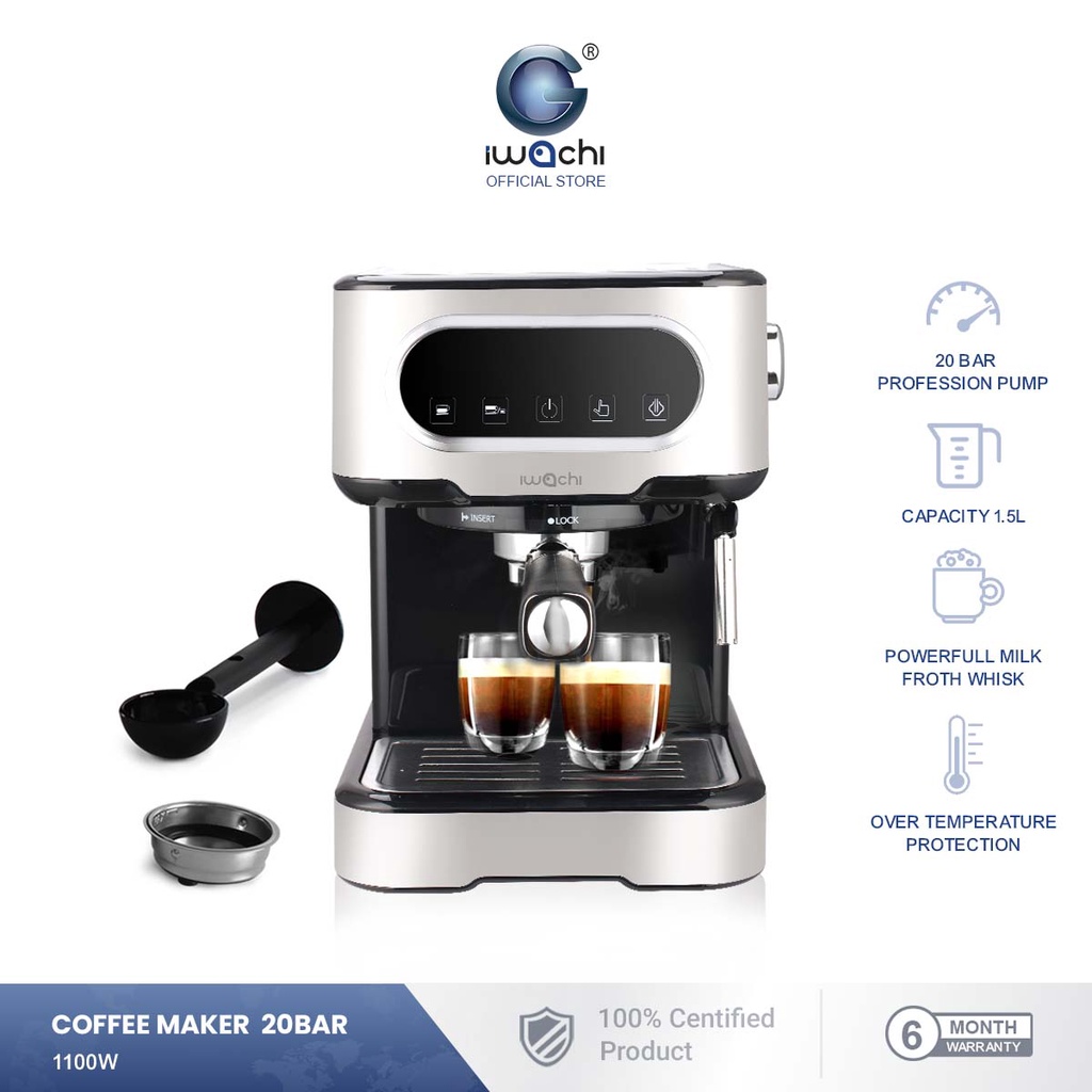 IWACHI Coffee Maker เครื่องชงกาแฟ 20 BAR 1.5L กำลังไฟ 1100 วัตต์ สำหรับทำกาแฟและเครื่องดื่ม
