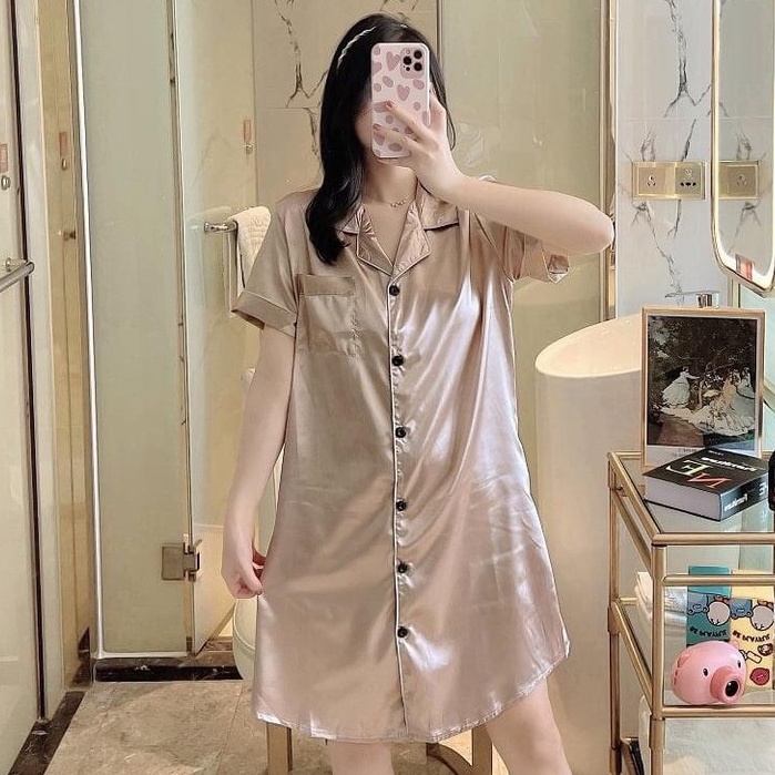 ชุดนอนซาติน  กระโปรงแขนสั้น สีพื้น