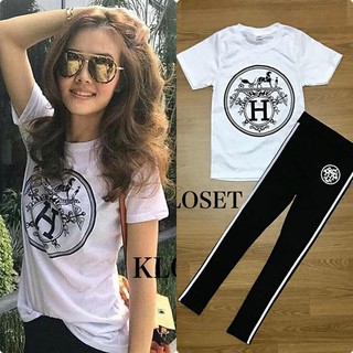 Kloset ชุดเซท เสื้อแขนสั้น+กางเกง Skinny เอวสม็อค เย็บแต่งแถบข้าง มาพร้อมเสื้อยืดคอกลม แขนสั้น