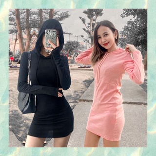 FM🌈ไทยแลนด์ มินิเดรสสีพื้นแขนยาว มีฮู๊ด ทรงพอดีตัว