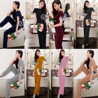 👗Pfashion [ส่งไว!!🚛] P7555  	จั้มสูทขายาวผูกโบว์หลัง  Long-sleeved jumpsuit with bow in the back