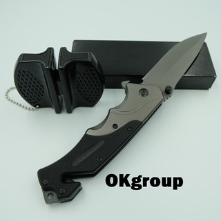 OKgroup NB011+AC001  มีดพับ มีดพกพา มีดเดินป่า มีดติดรถ 22 ซม มีที่ทุบกระจก และที่ตัดsafty belt แถมฟรีที่ลับมีด2หัว